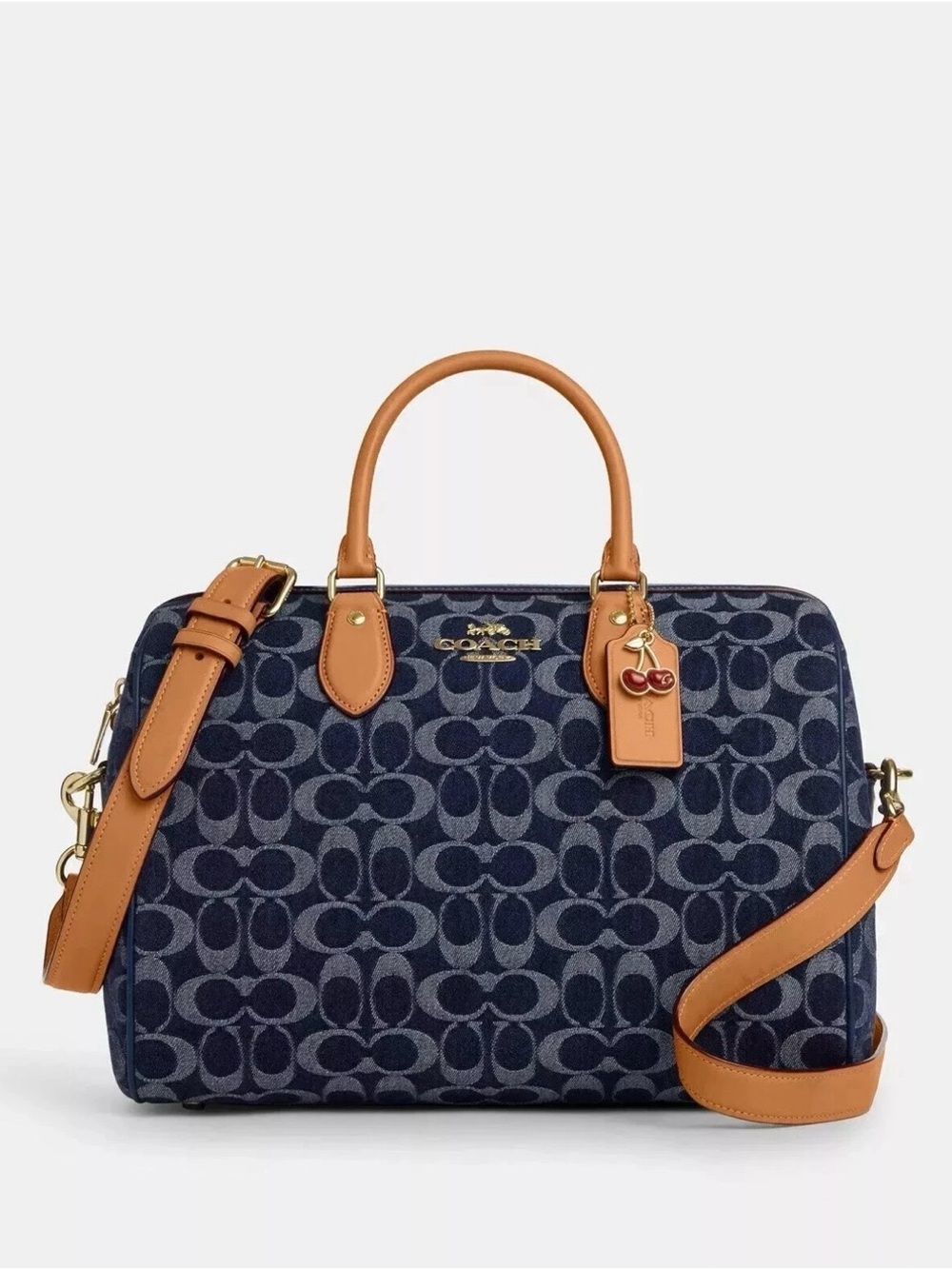 Coach Navy Denim Signature Satchel with Tan Leather